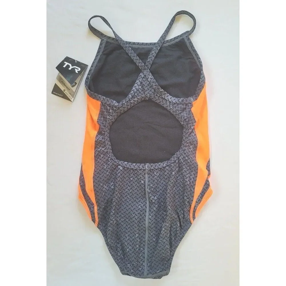 TYR Female Durafast Elite DiamondFit Swimsuit Black Orange, Size 34/M/8